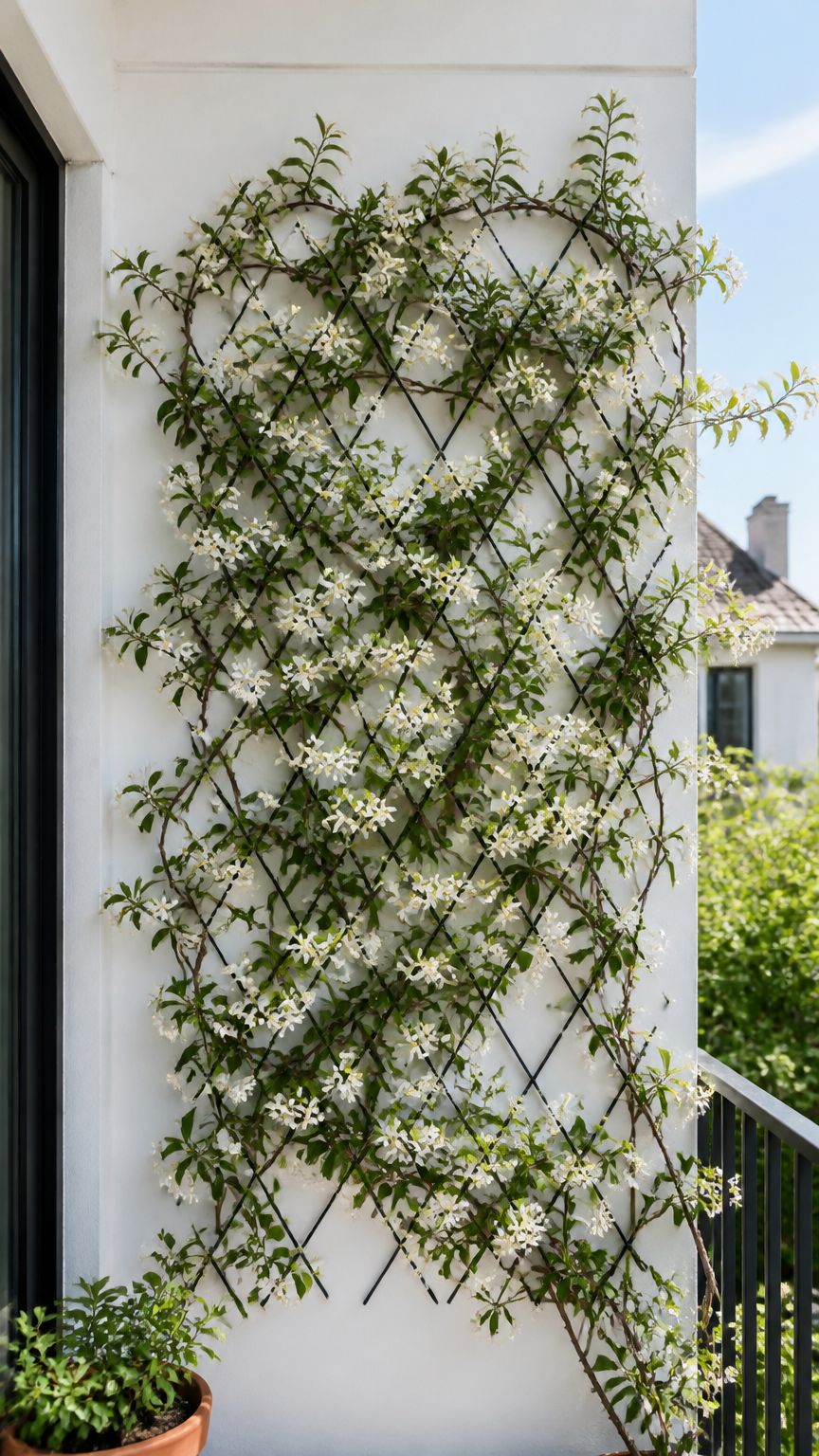 A professional photograph of a black iron wire trellis mounted on a white balcony wall, covered with blooming star ja...