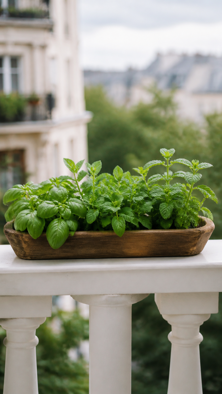 A high-end camera photograph of a wooden trough tray sitting flat on top of a balcony railing, filled with culinary h...