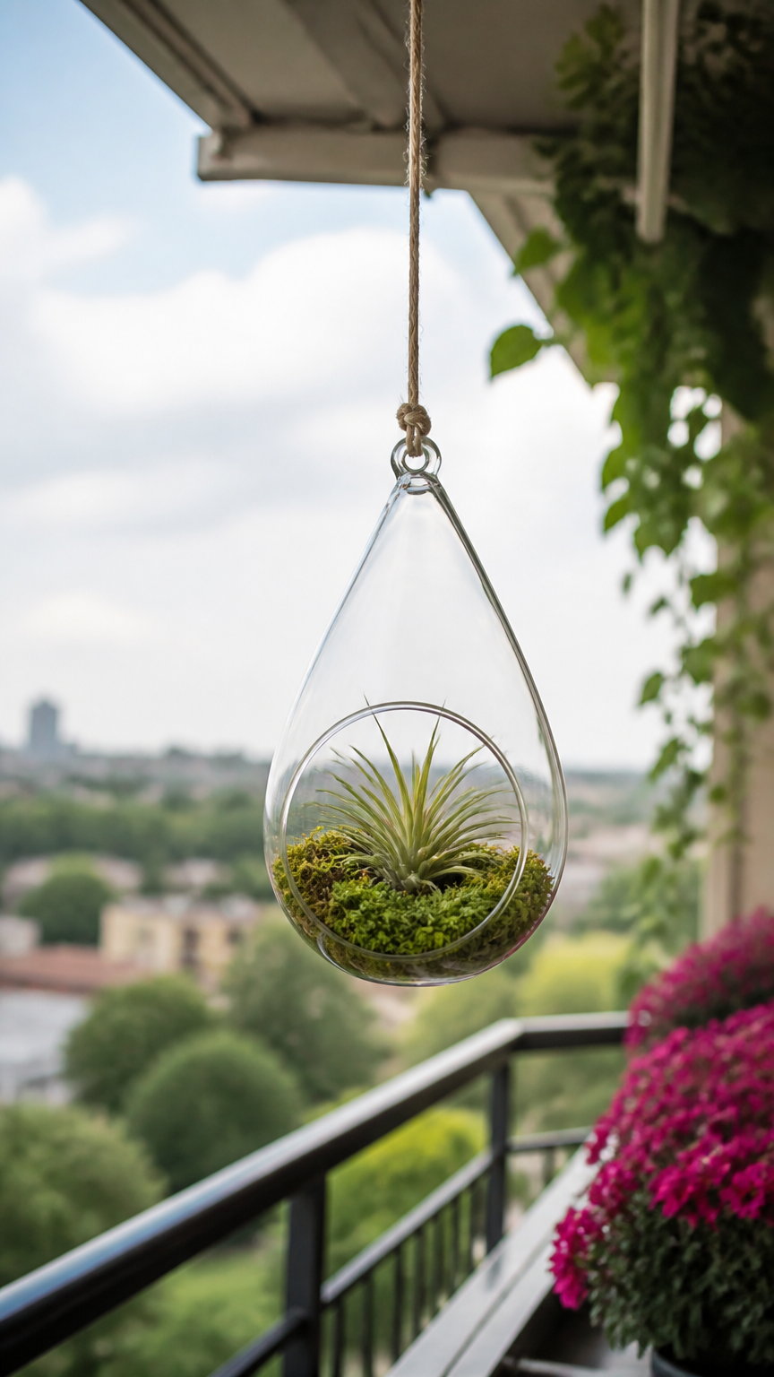 A detailed photograph of a small glass teardrop terrarium hanging from a balcony overhang, holding a tiny air plant a...