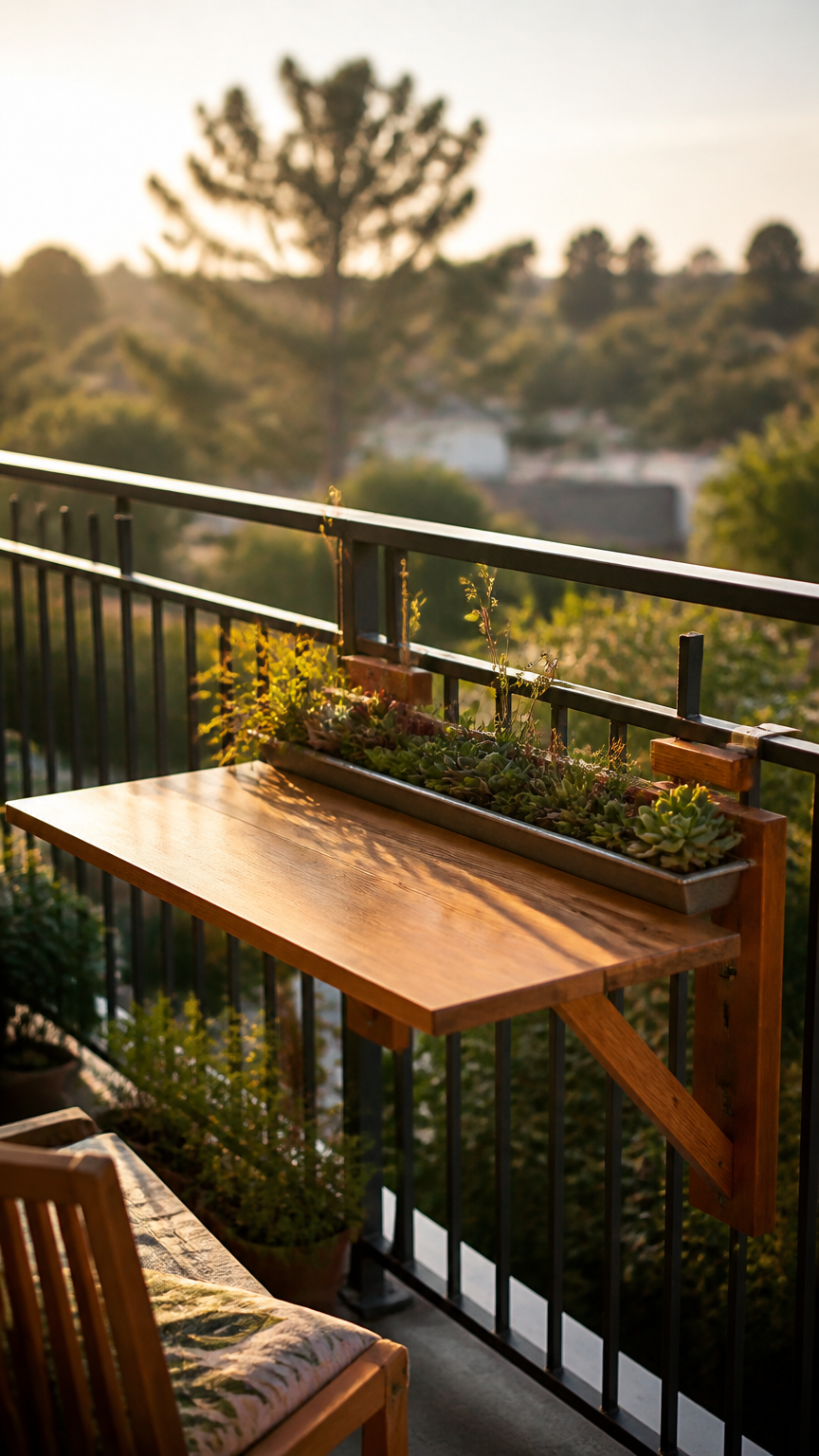 A professional photograph of a wooden drop-leaf table attached to a balcony railing, featuring a built-in metal troug...