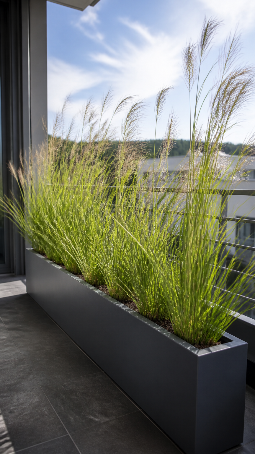 A professional photograph of a long, narrow dark gray fiberglass trough holding tall green feather reed grass on a mo...