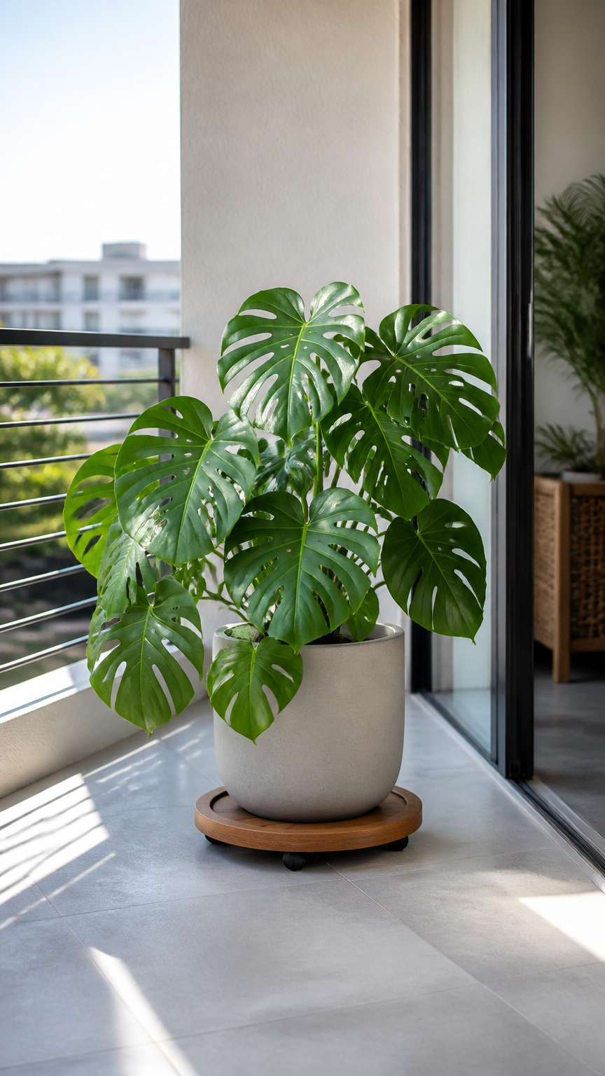 A crisp photograph of a large potted monstera plant sitting on a round wooden caddy with hidden caster wheels on a cl...