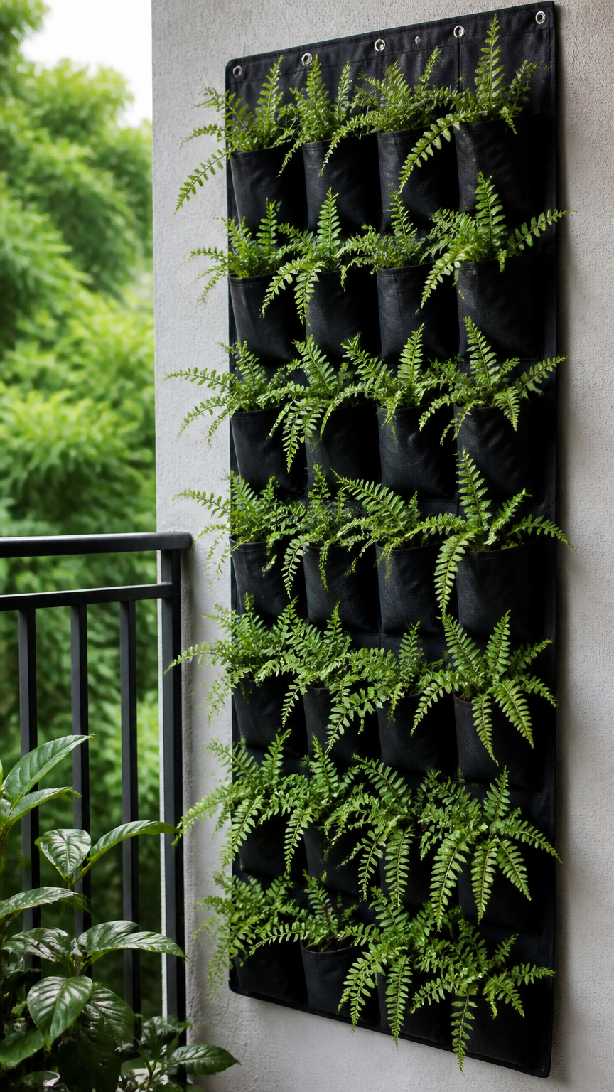 A detailed photograph of a black fabric hanging shoe organizer mounted to a balcony wall, with small green ferns spro...