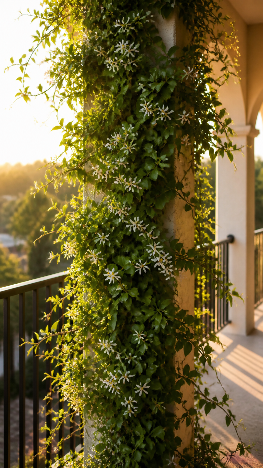 A professional DSLR photograph of a structural balcony support column wrapped in lush green star jasmine vines with t...