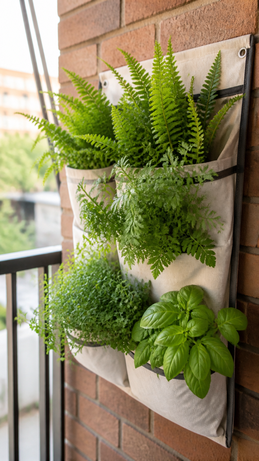A close-up photograph taken with a professional camera of a fabric wall planter hanging on a brick balcony wall, fill...