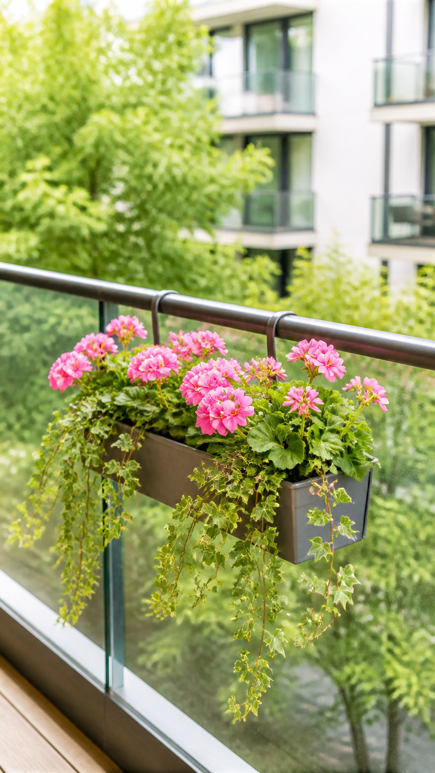 A professional photograph of a metal window box hanging on the inner side of a glass balcony railing, filled with tra...