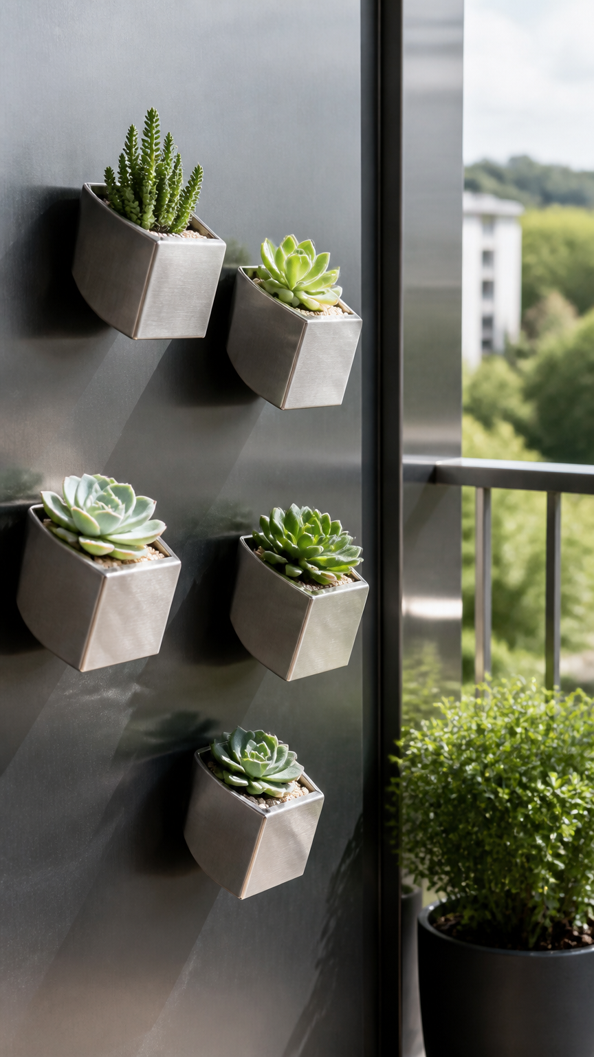 A crisp photograph of small metallic hexagon planters stuck to a magnetic metal balcony wall, holding tiny green succ...