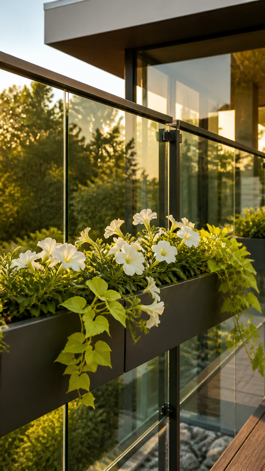 A professional photograph of a modern glass balcony railing with sleek metal trough planters attached, holding white...