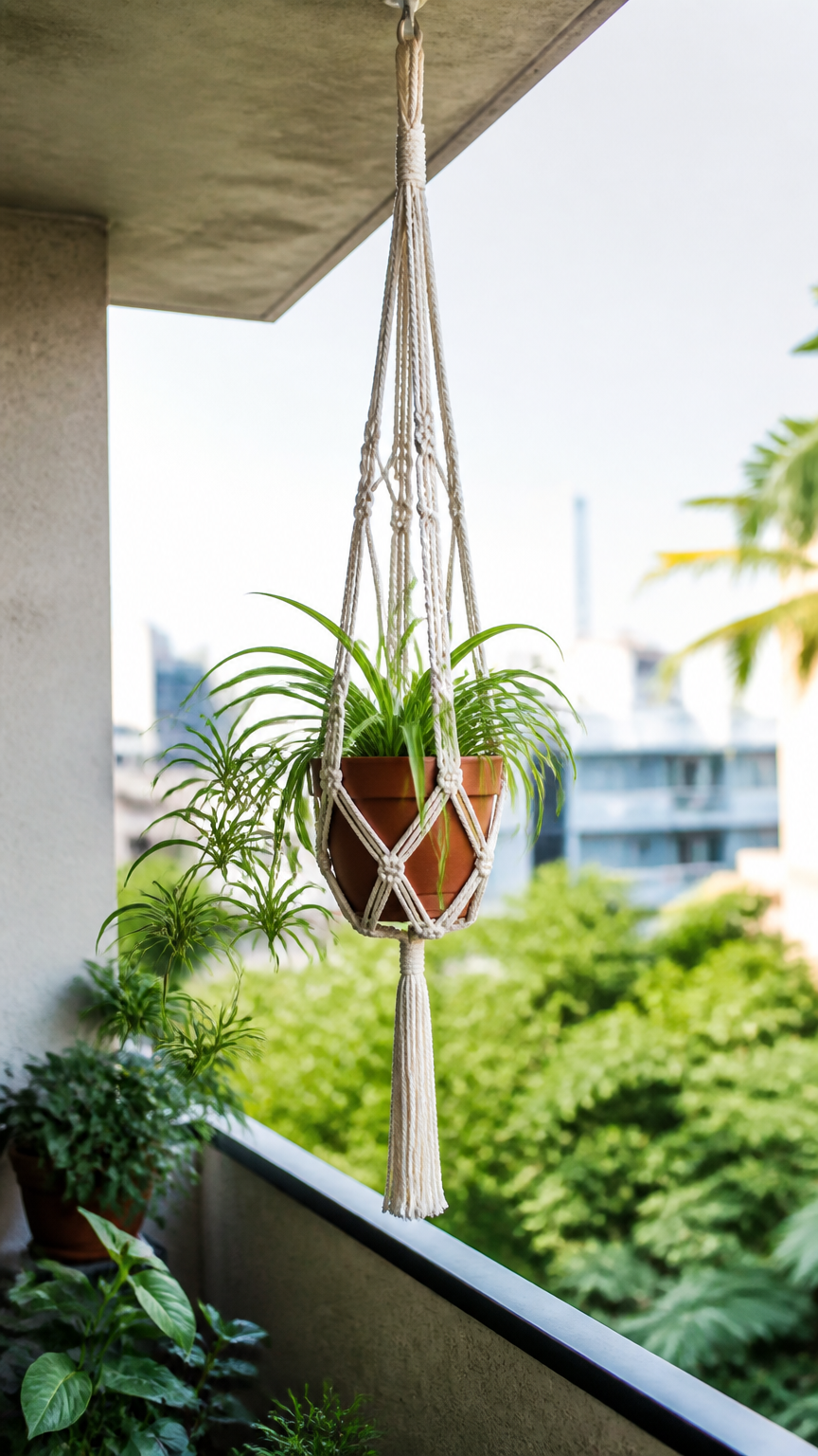 A crisp photograph taken with a high-end camera showing a cream-colored macrame hanger holding a terracotta pot with...