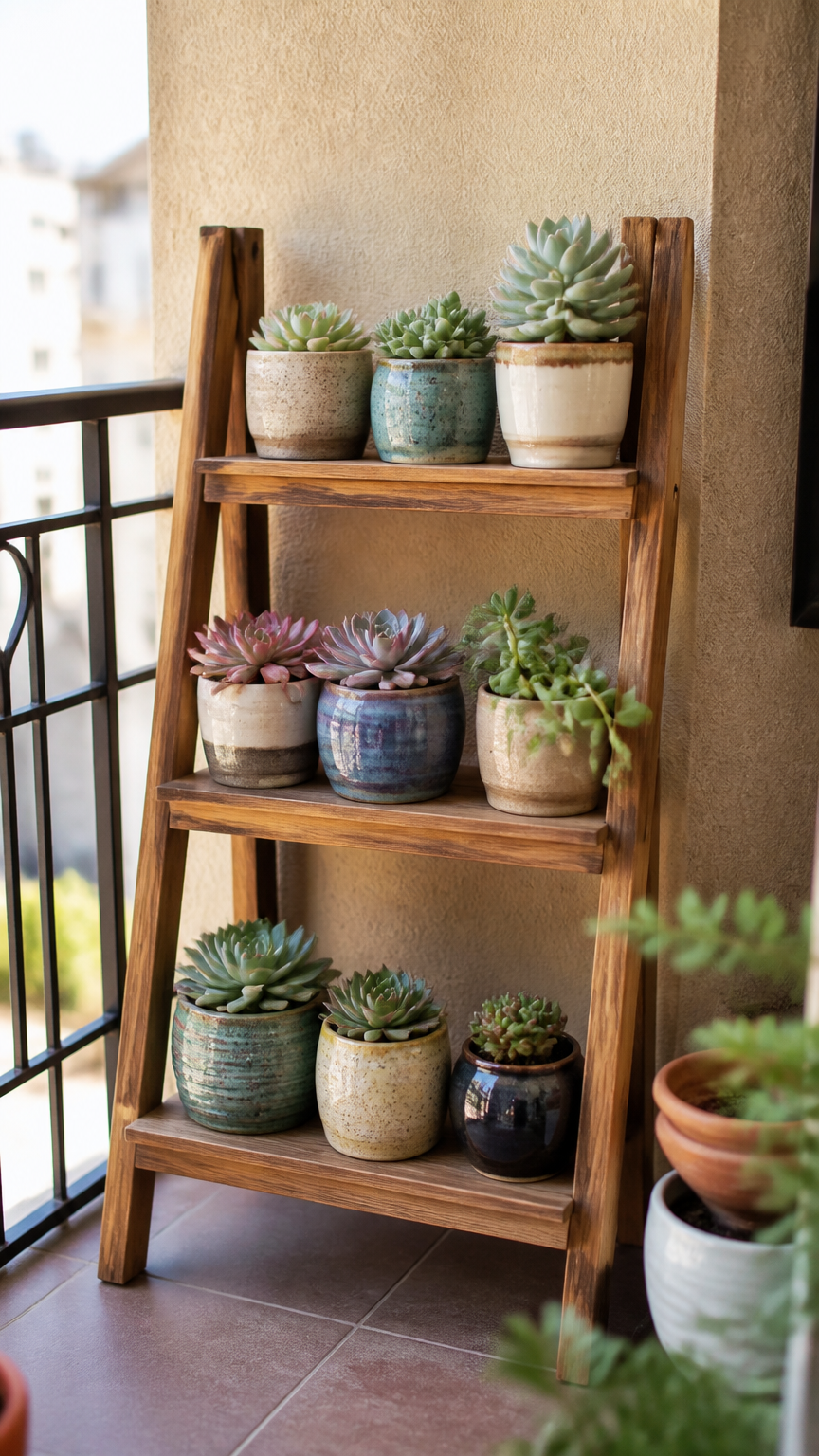 A detailed photograph of a wooden three-tier ladder shelf tucked into a balcony corner, stacked with colorful succule...