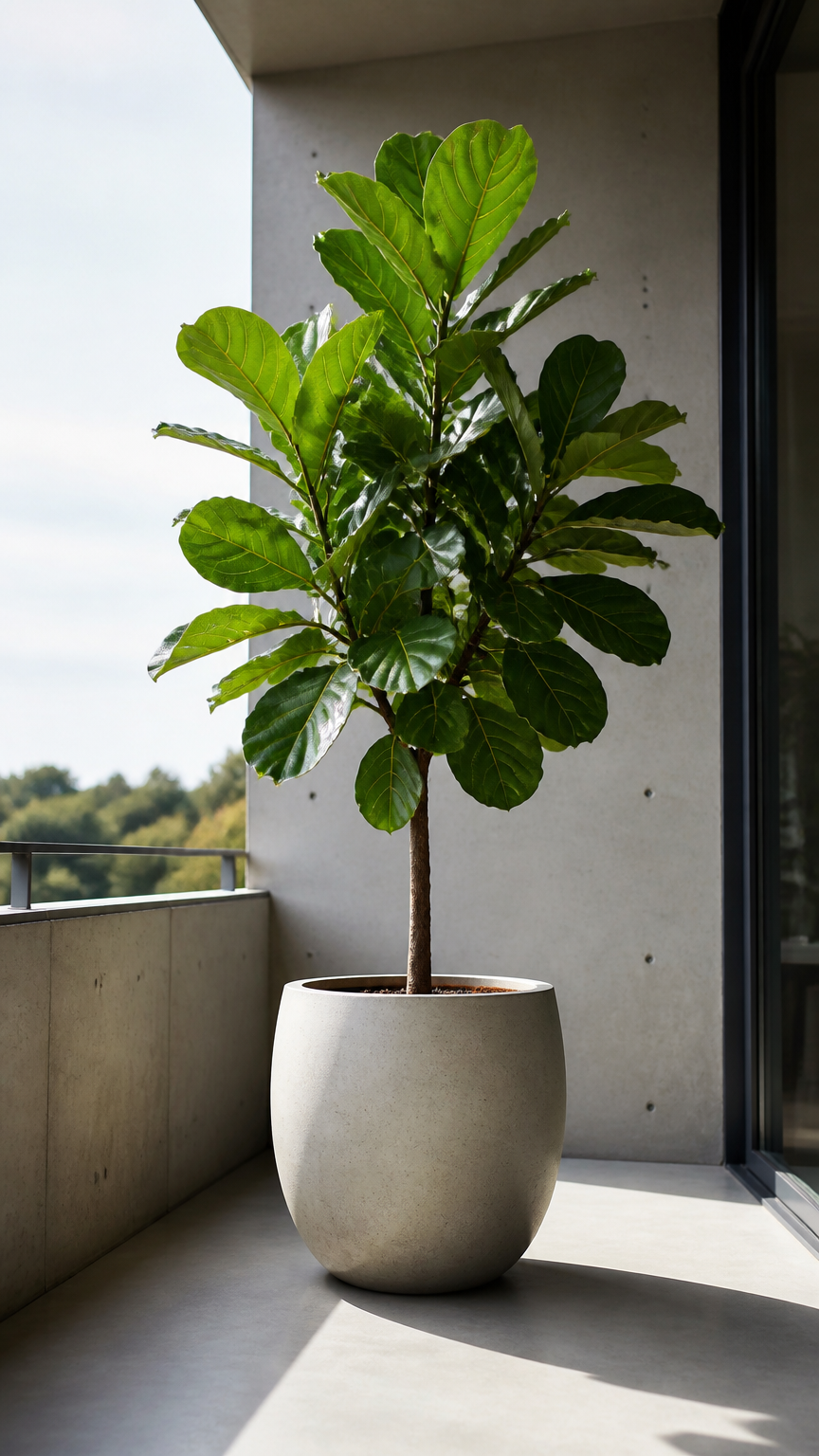A professional DSLR photograph of a single large fiddle-leaf fig tree in a light gray ceramic pot standing proudly on...
