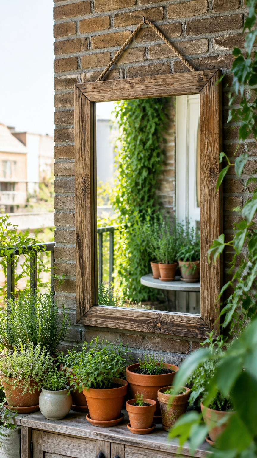 A clear photograph of a rustic wooden-framed outdoor mirror hanging on a balcony brick wall, reflecting potted herbs...
