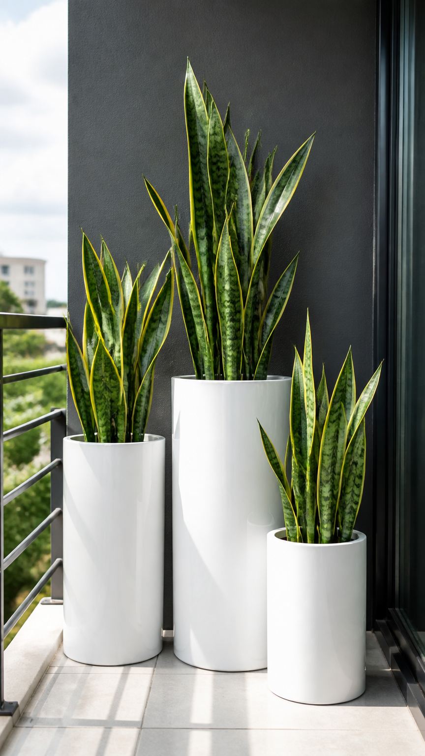 A high-resolution photograph of glossy white cylindrical planters holding lush green snake plants against a dark gray...