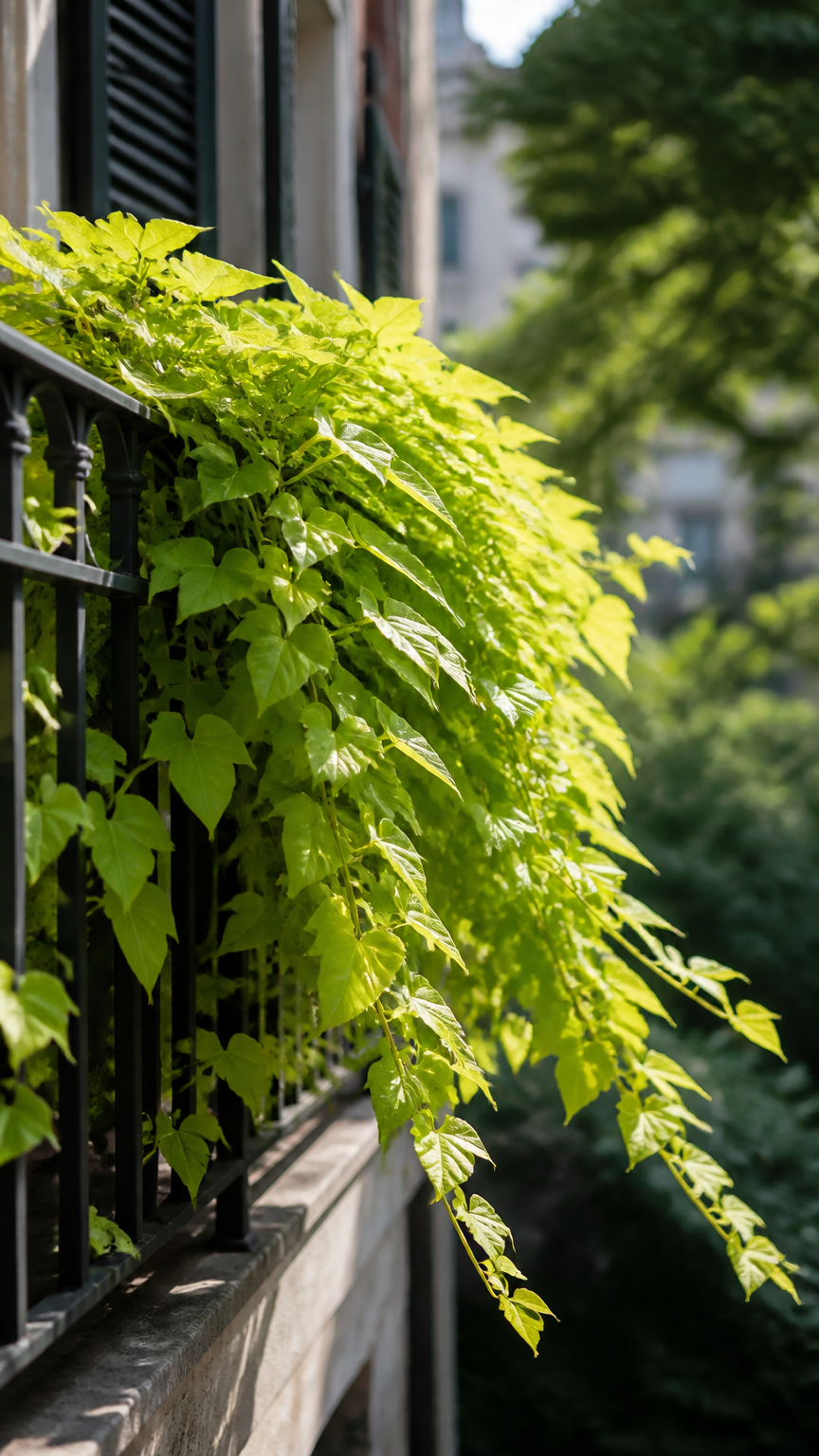 A professional photograph of vibrant lime-green sweet potato vine spilling dramatically over a dark metal balcony rai...