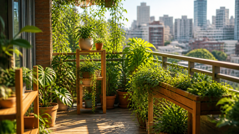 A sunlit city apartment balcony overflowing with vibrant green potted plants on wooden stands, creating a cozy urban...