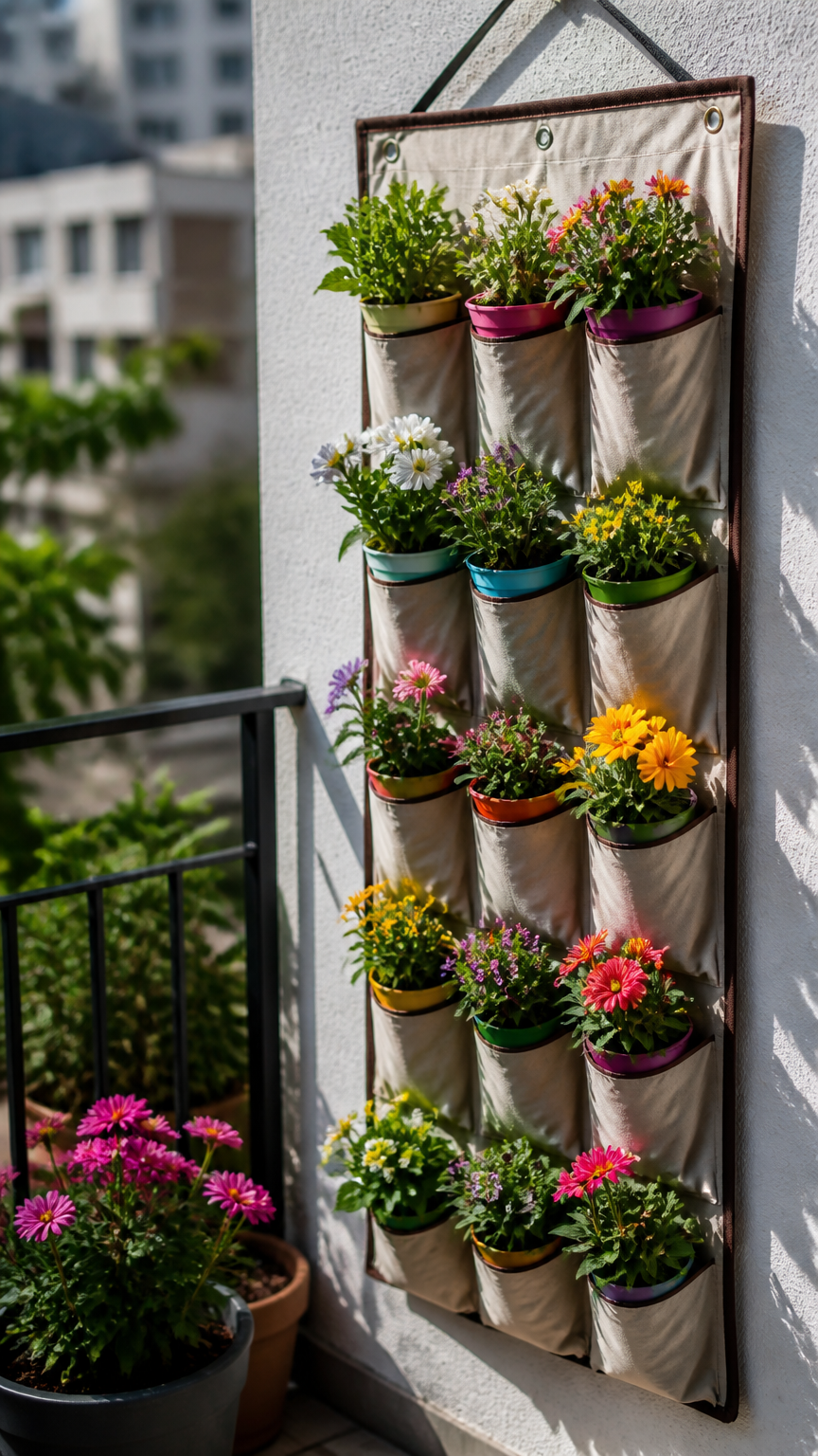 A fabric shoe organizer hung on an exterior balcony wall, filled with small colorful flower pots in each pocket, brig...