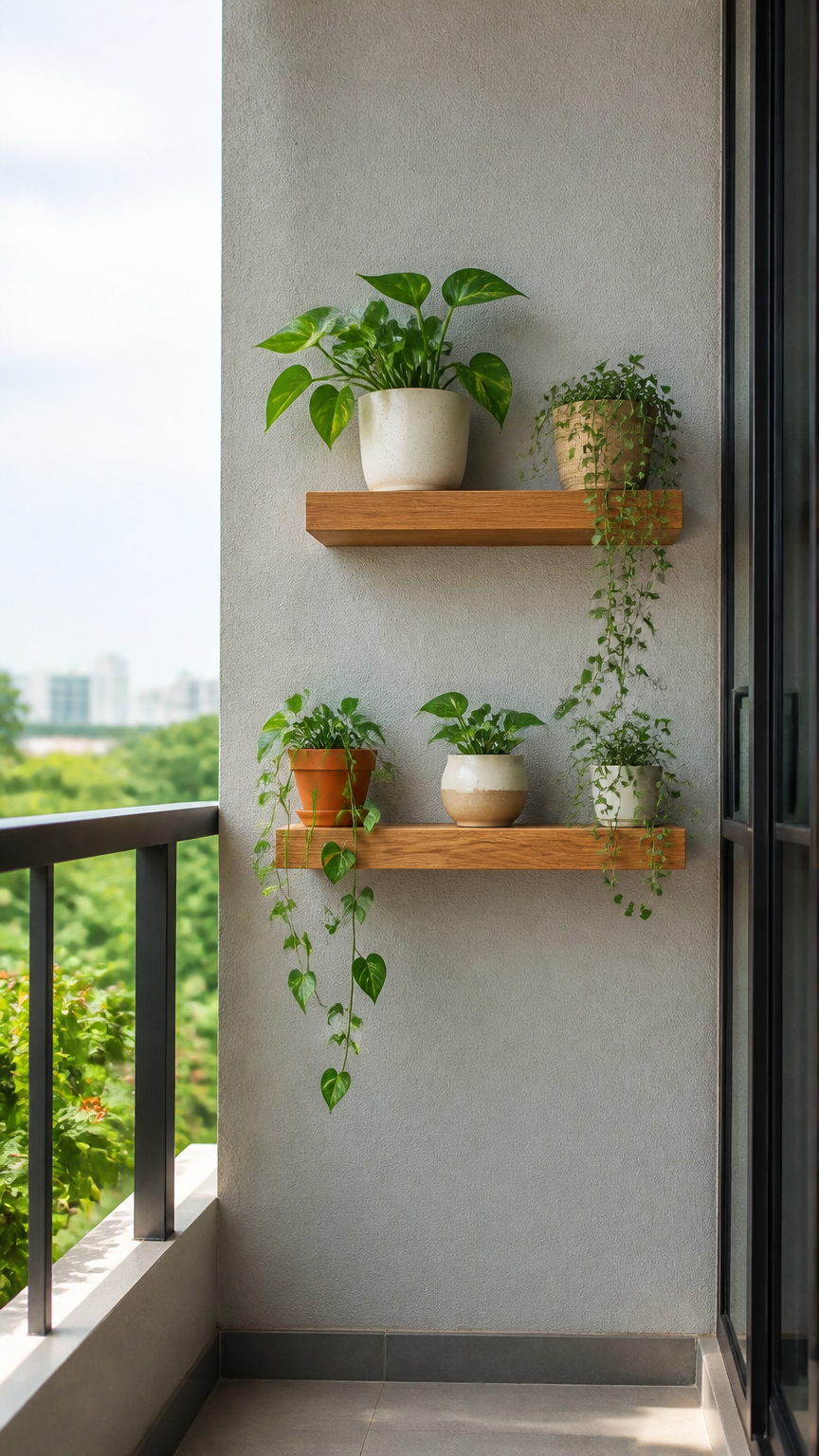 Two minimalist wooden floating shelves mounted on an exterior balcony wall, holding small potted pothos and trailing...