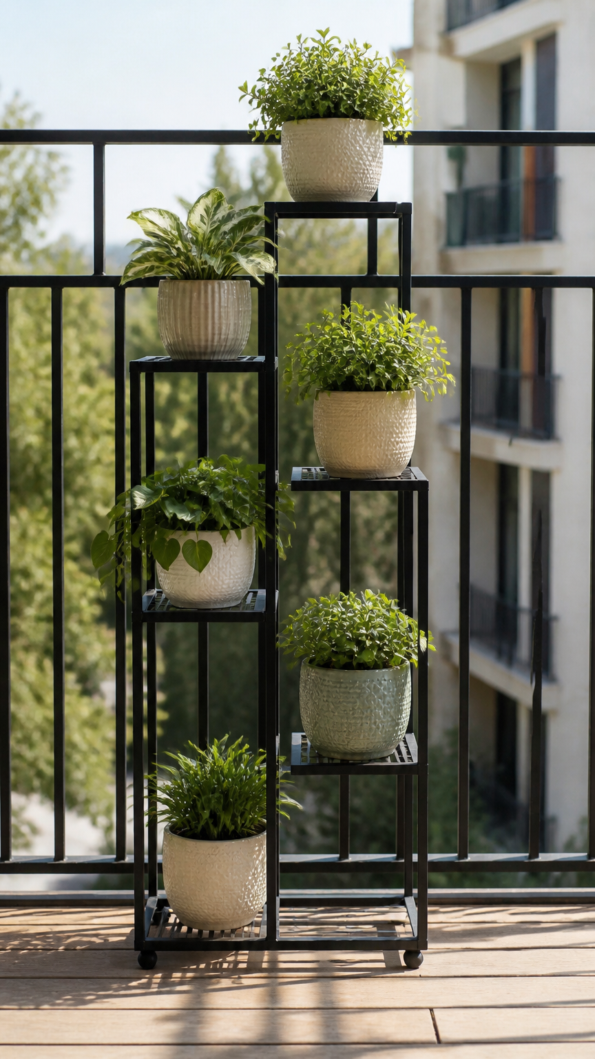 A slim black metal tiered plant stand holding multiple small potted plants, standing against a balcony railing, brigh...