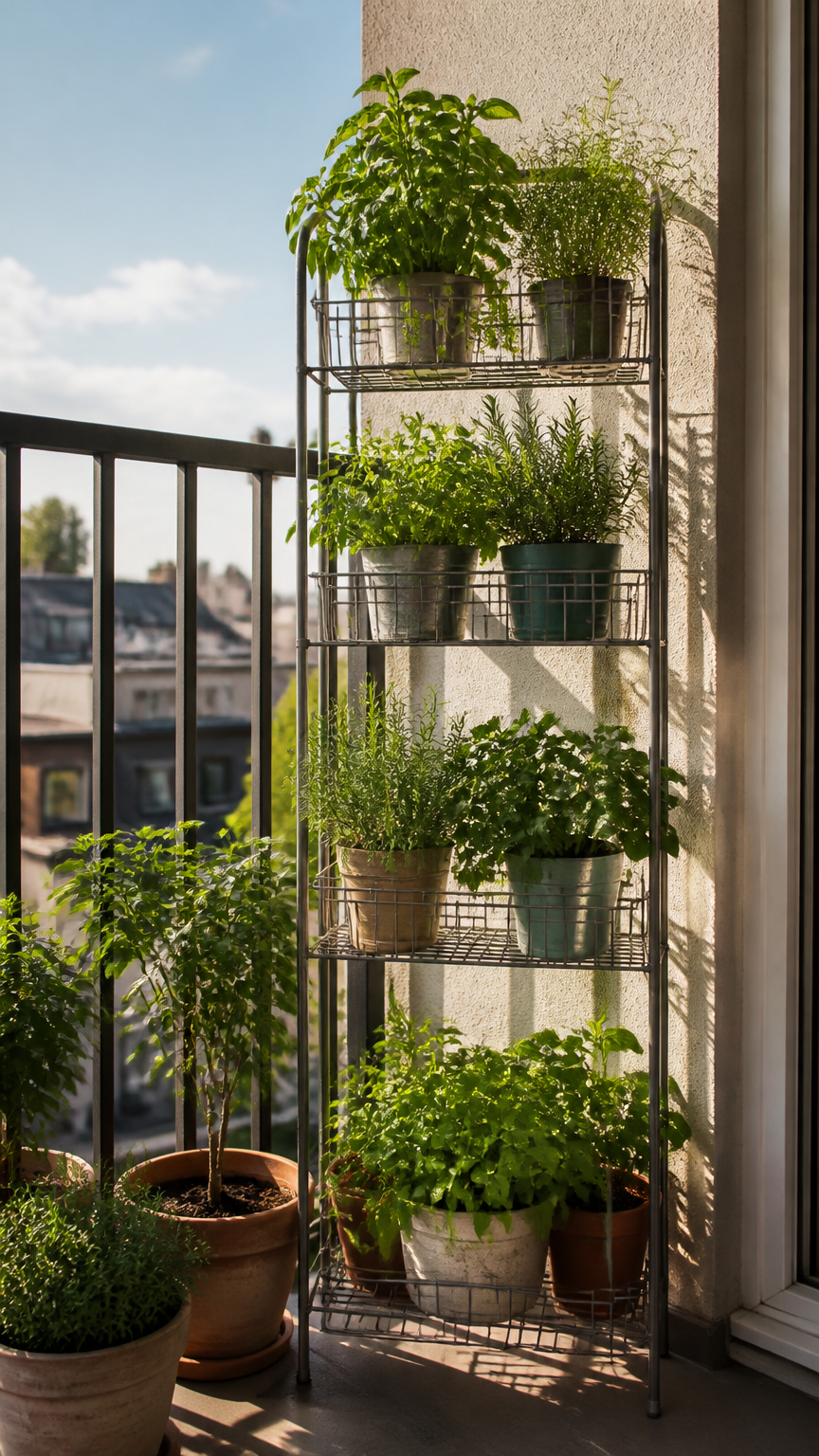 A metal wire vertical shoe rack used as a plant stand on a small apartment balcony, filled with various green herbs,...