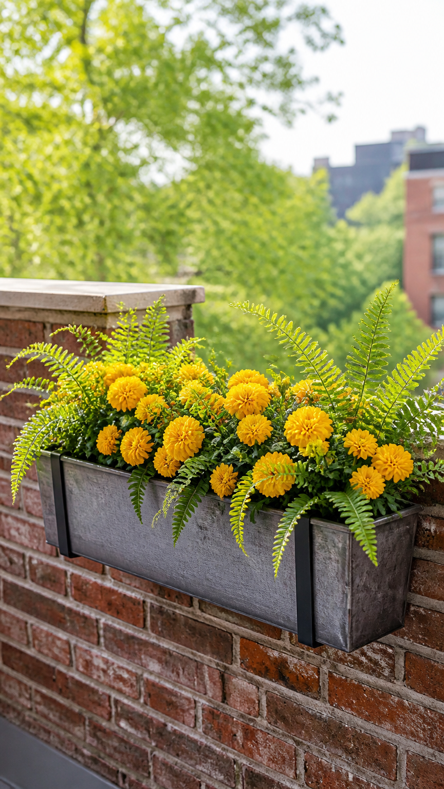 A window box planter mounted securely to a brick balcony wall, filled with bright yellow marigolds and green ferns, n...