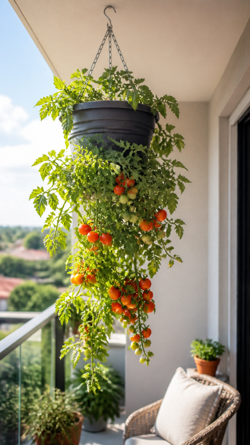 An upside-down hanging tomato planter suspended from a balcony ceiling hook, lush green leaves growing downward, brig...