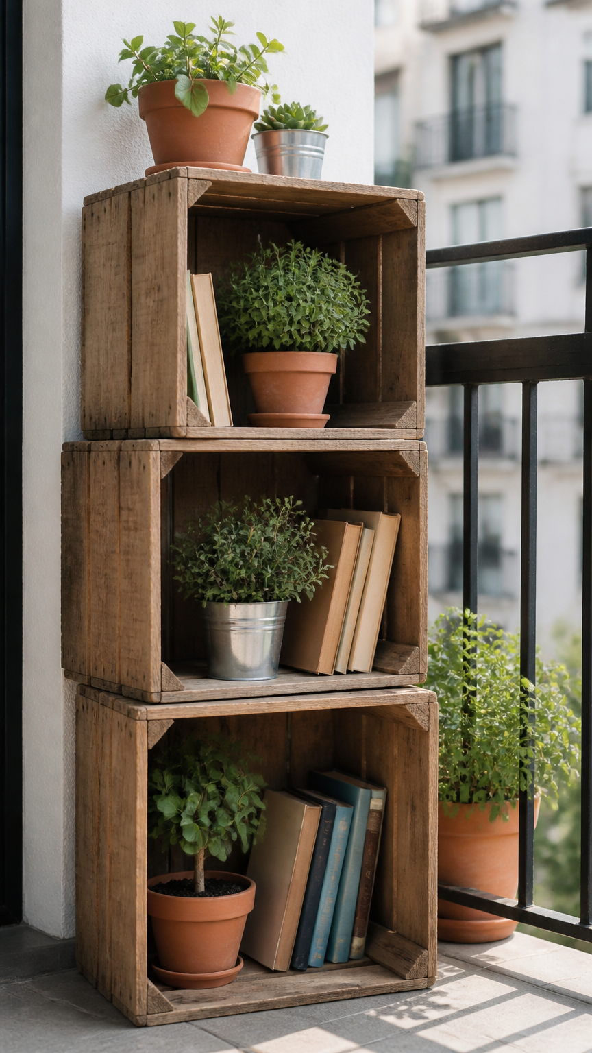 Three wooden wine crates stacked vertically in a staggered tower on a balcony, holding small potted plants and books,...