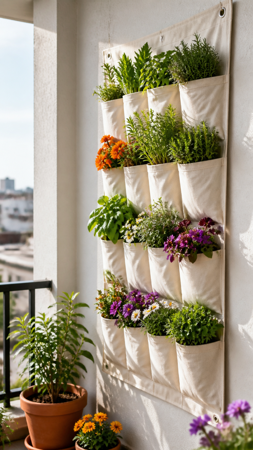 A fabric hanging shoe pocket organizer mounted to a balcony wall, filled with vibrant green herbs and colorful flower...