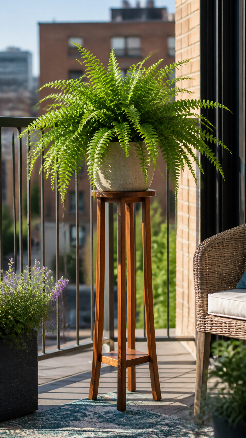 A tall, slender wooden plant pedestal holding a single large fern on a cozy balcony, soft afternoon light, urban back...