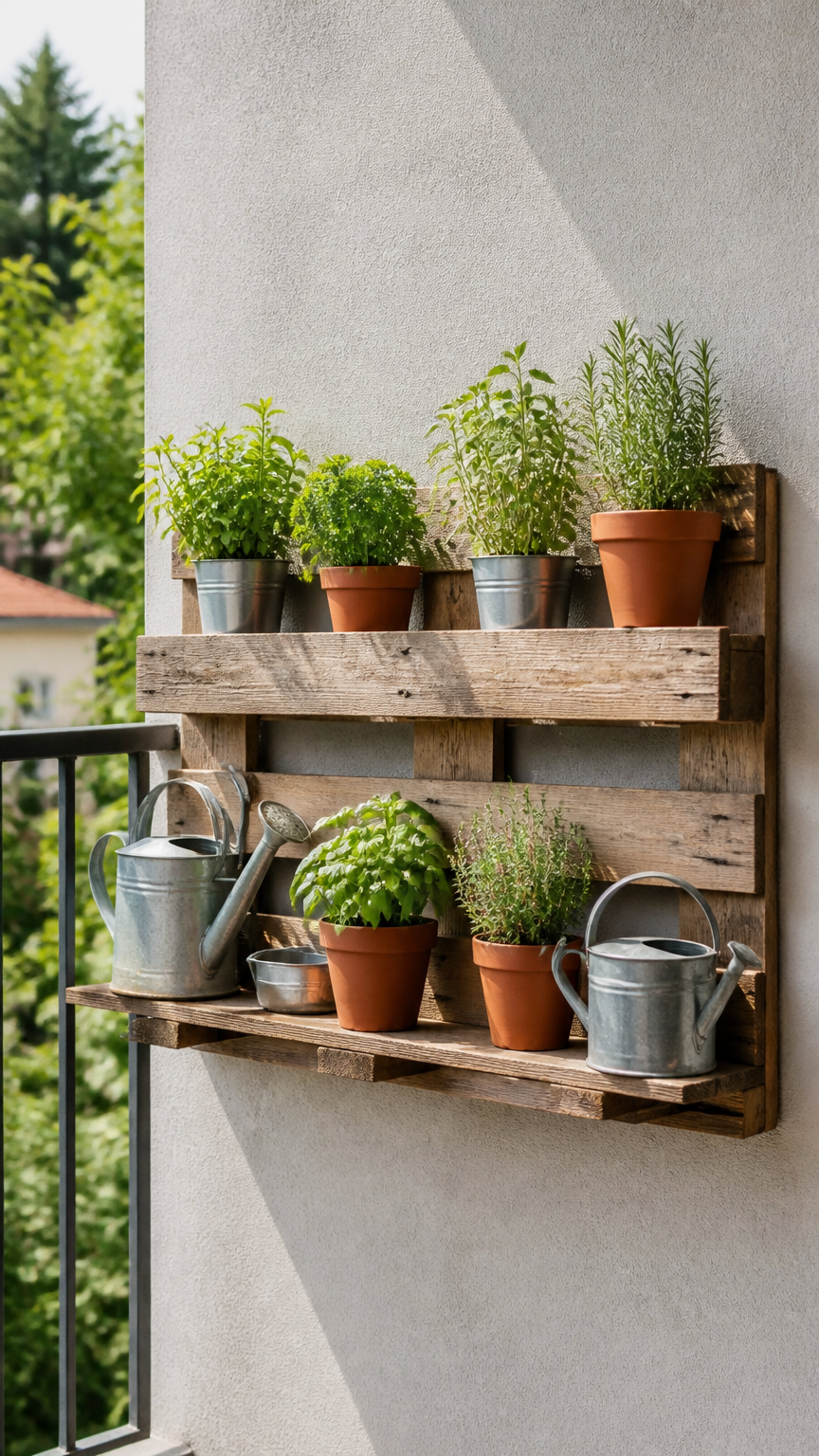 A horizontal wooden pallet mounted to a balcony wall as a shelf, holding small potted herbs and watering cans, bright...