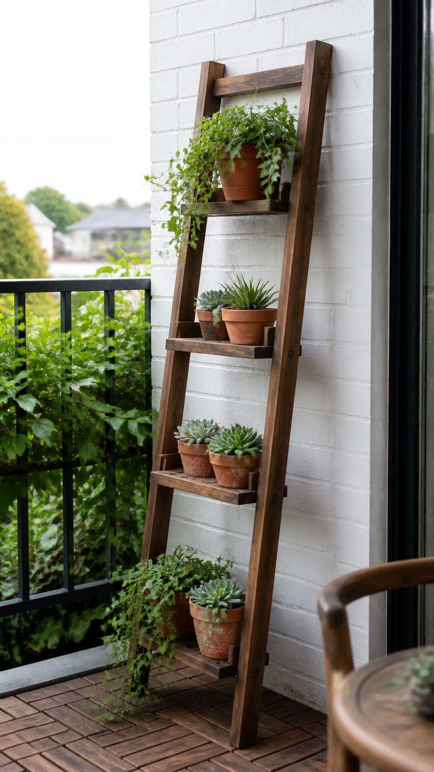 A narrow wooden ladder plant stand leaning against a white brick balcony wall, holding small succulents and trailing...