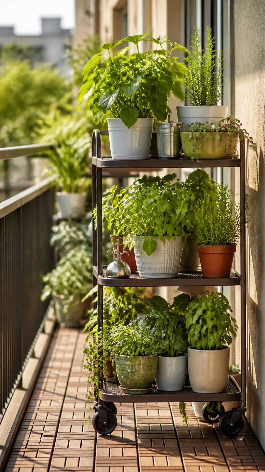 A metal utility cart on wheels used as a multi-tier plant stand on a narrow balcony, filled with green plants, sunny day