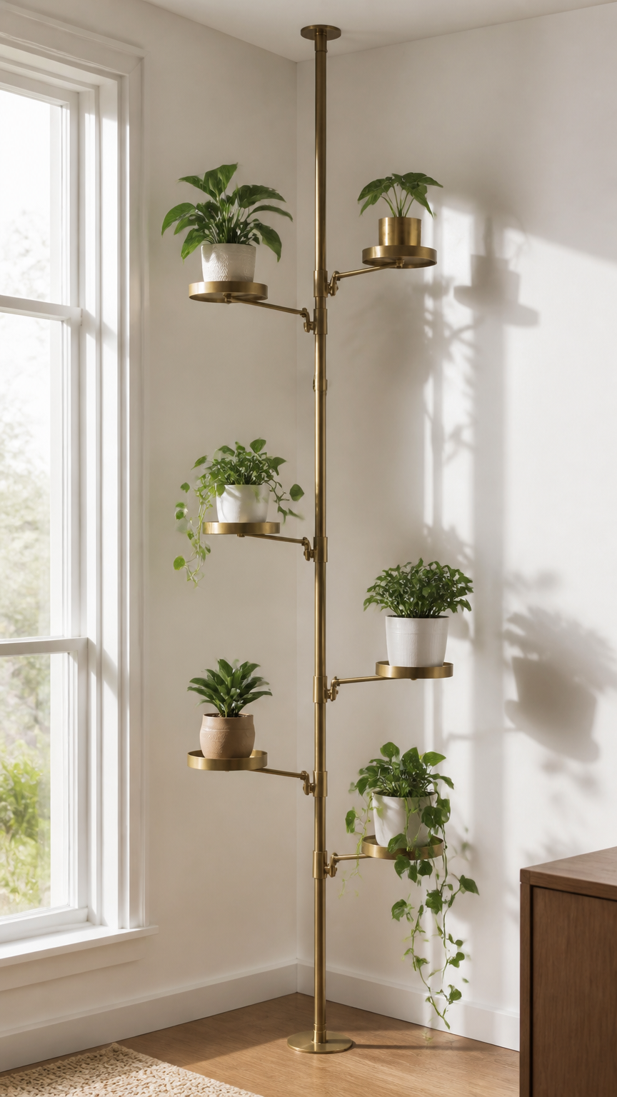 A brass tension rod plant tree with adjustable branch arms holding small potted plants in a corner, bright natural light