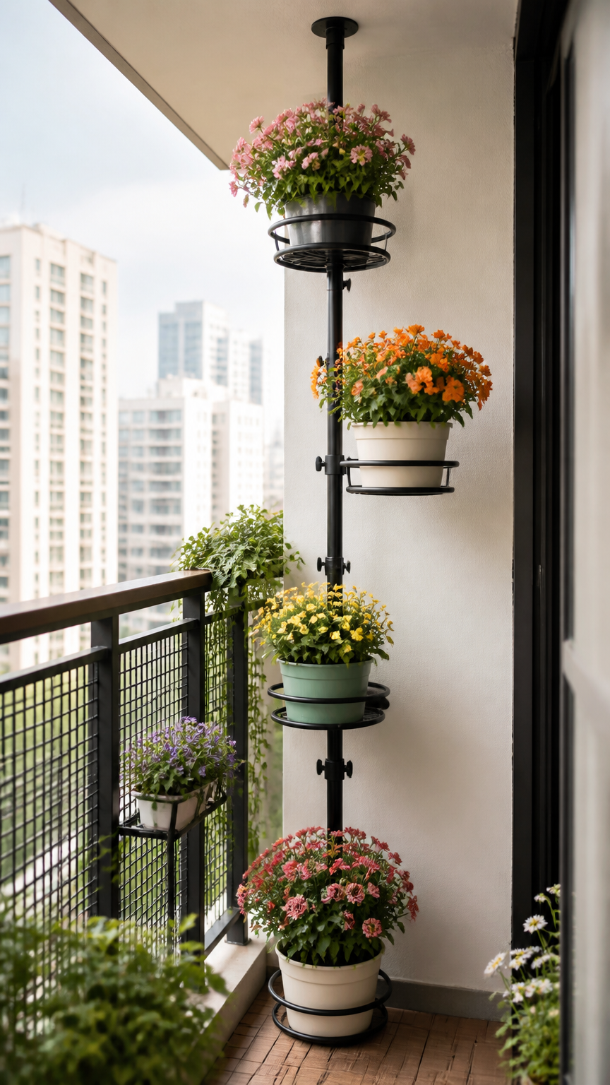 A black metal tension pole plant stand fitted with adjustable ring holders, displaying colorful flowers on a tight ap...