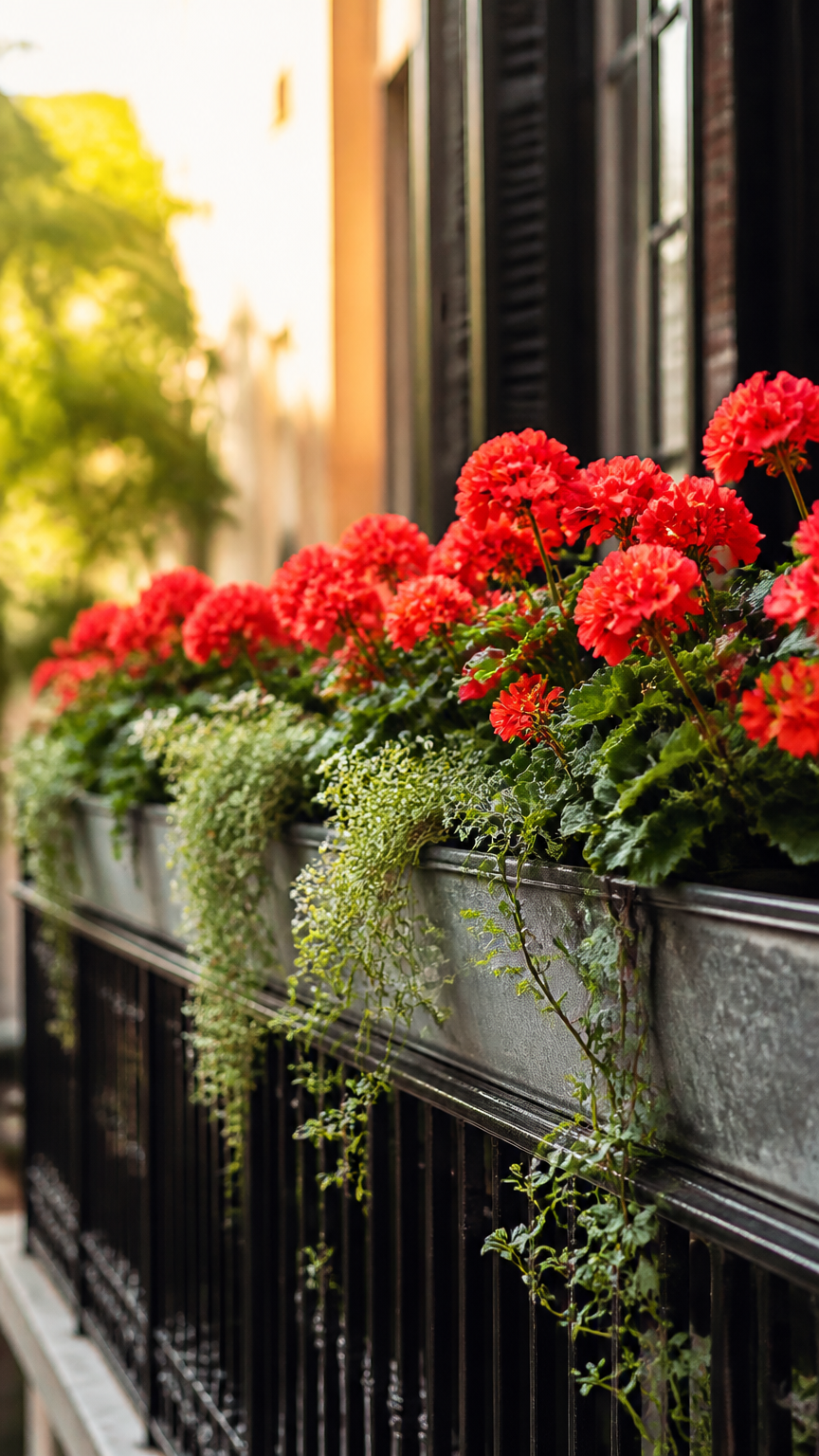 Metal trough planters hanging securely over a black metal balcony railing, filled with bright red geraniums and trail...