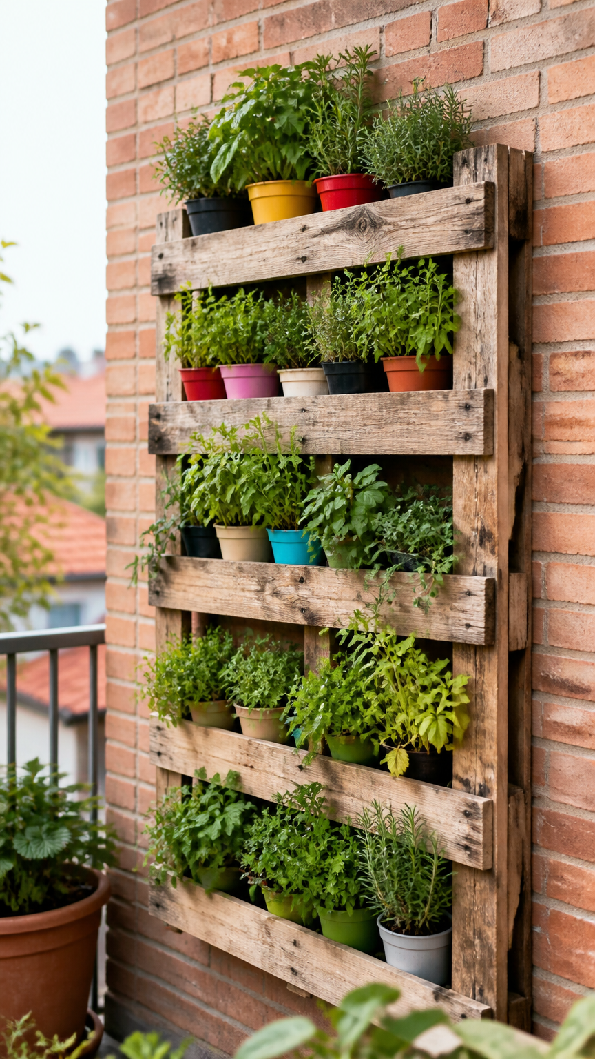 A weathered wooden shipping pallet mounted vertically on a brick balcony wall, stuffed with colorful potted herbs in...
