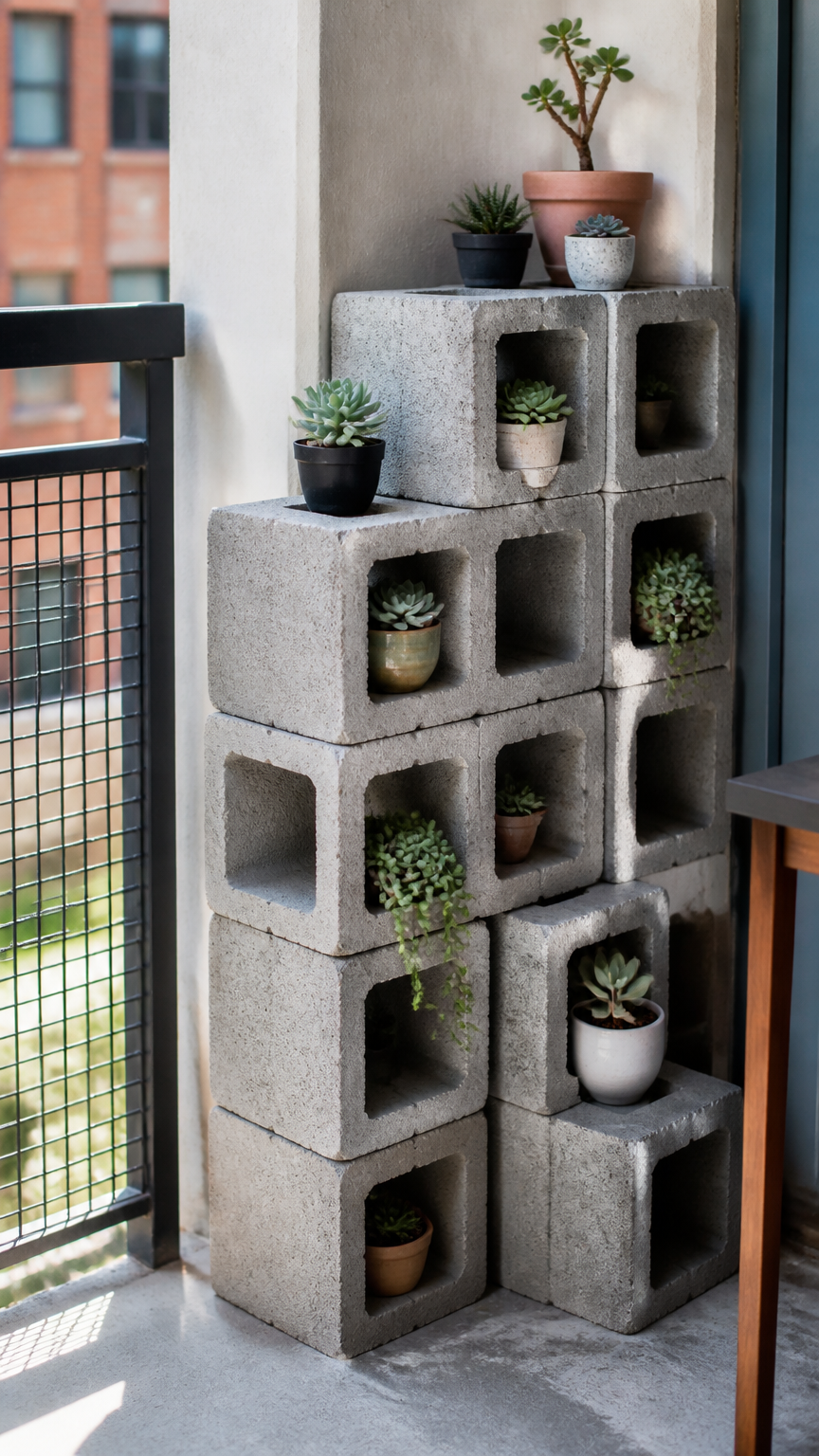 Stacked gray cinder blocks on a balcony corner with small potted succulents tucked into the holes, minimalist urban a...