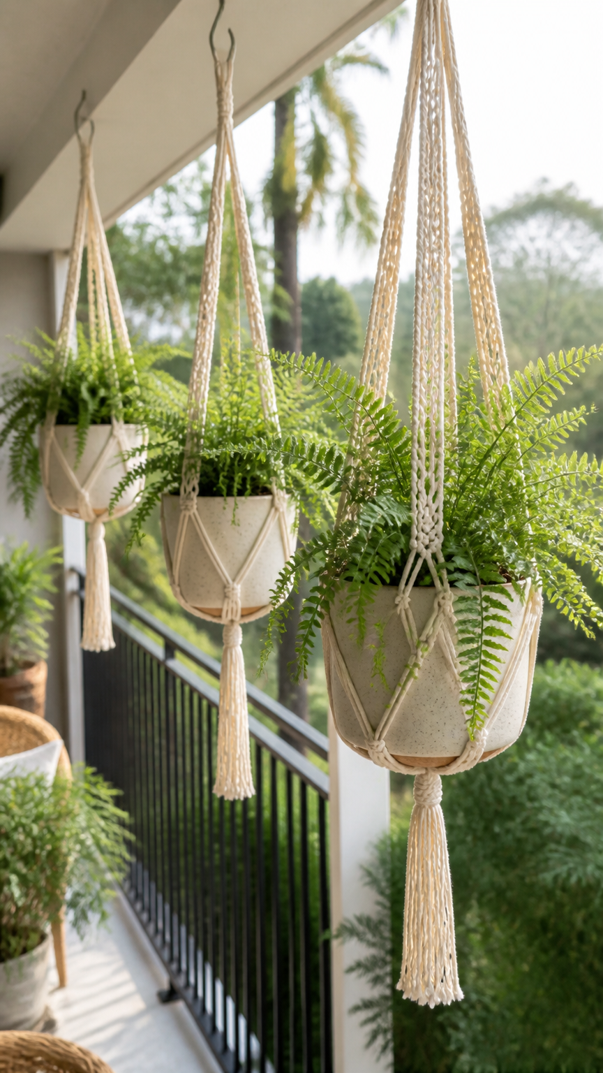 Several cream-colored macrame hangers holding ceramic pots with green ferns, suspended from a balcony ceiling hook, s...