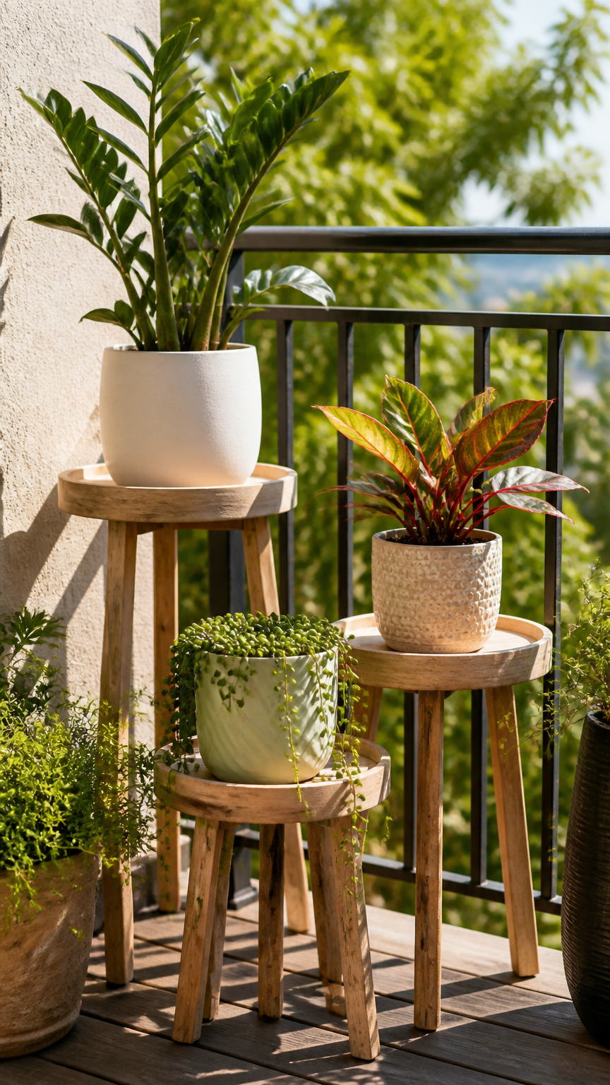 A group of three wooden plant stools of different heights grouped together on a balcony, holding various potted plant...