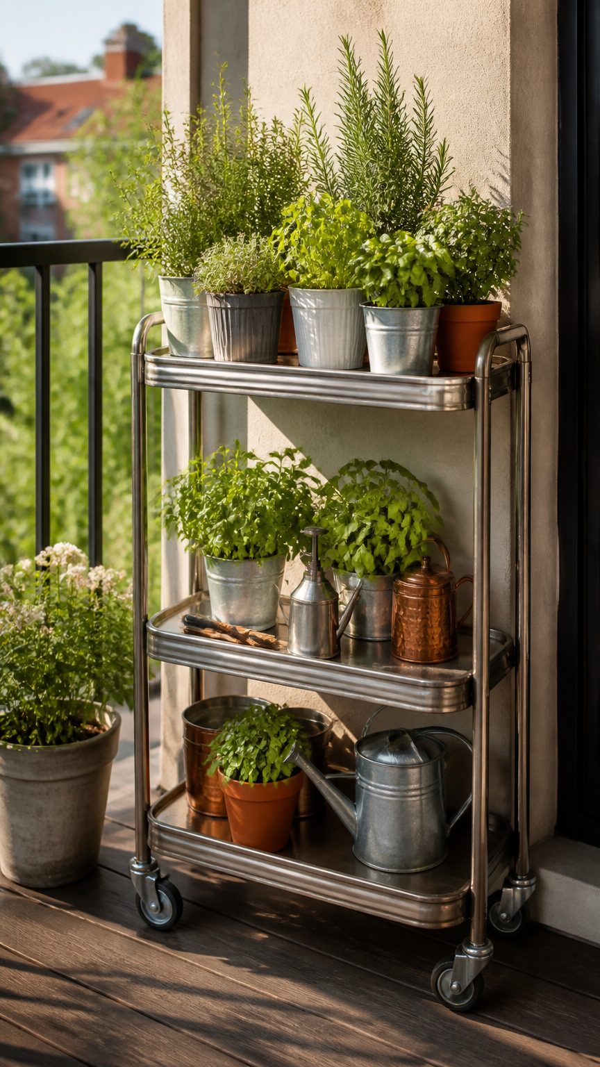 A rolling metal bar cart used as a mobile plant stand on a small balcony, loaded with potted herbs and watering tools...
