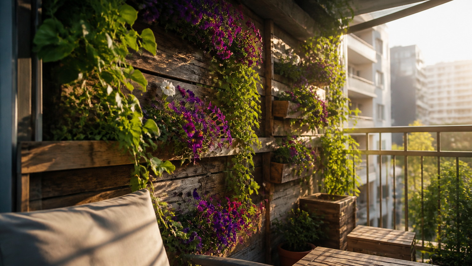 A high-end DSLR photograph of a sunlit small apartment balcony featuring a lush vertical garden wall made of reclaime...