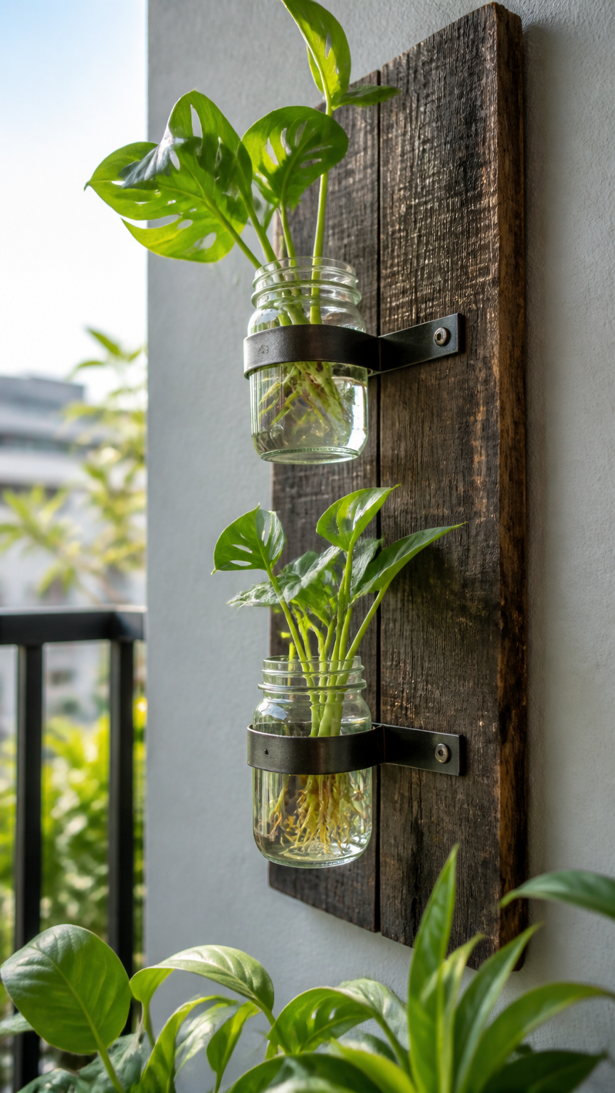 A high-end camera shot of clear glass mason jars clamped to a reclaimed wood board mounted on a balcony wall, holding...