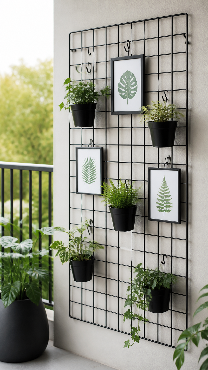A professional photograph of a black metal grid wall panel hanging on an outdoor balcony, decorated with mini potted...