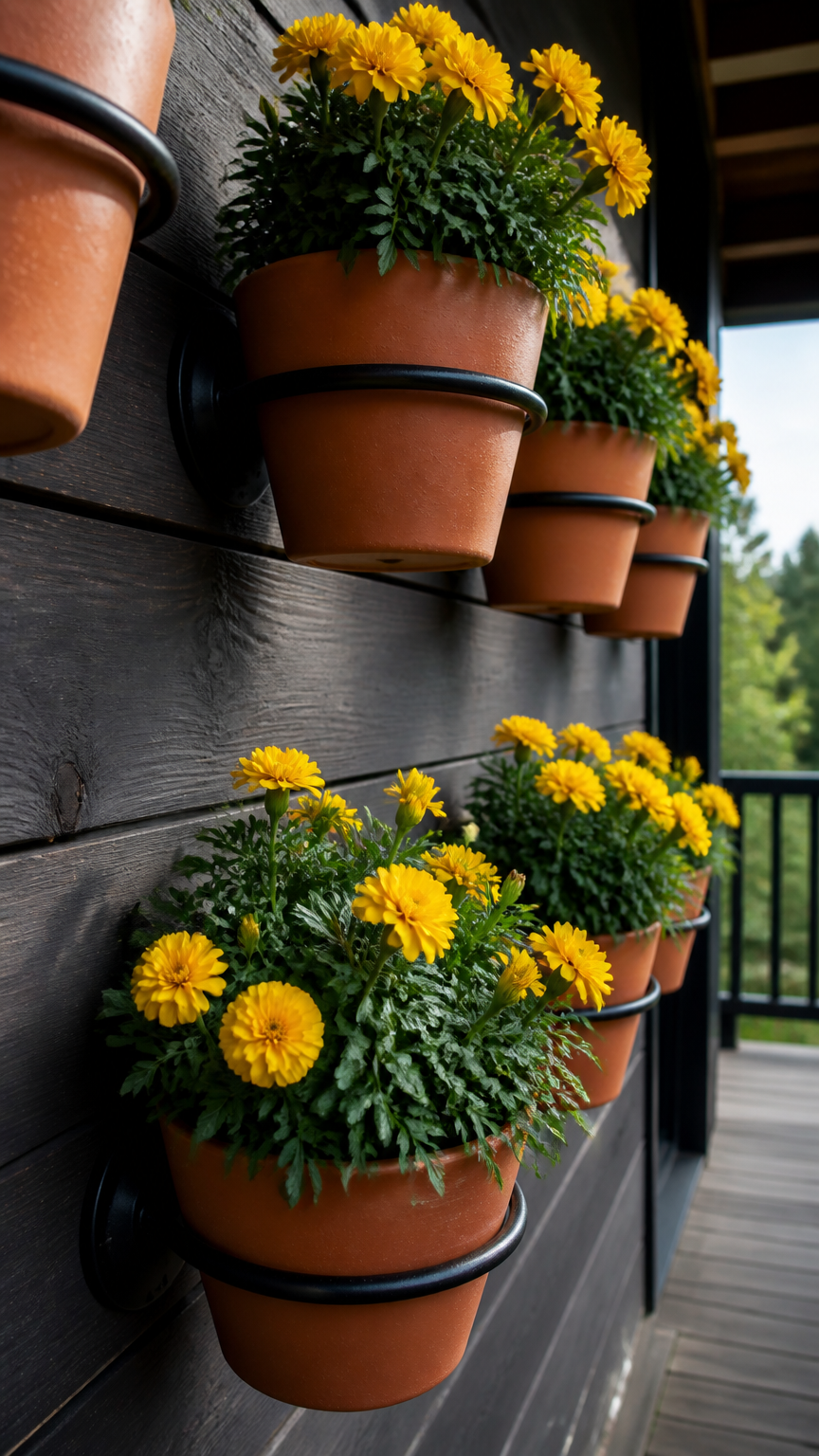A sharp, detailed photograph of terracotta flower pots mounted horizontally to a dark wooden balcony wall using heavy...
