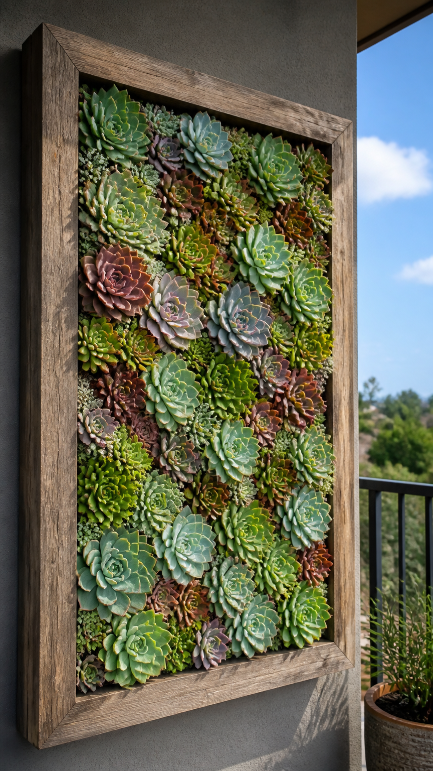 A high-end camera shot of a large wooden shadow box frame hung on an outdoor balcony wall, tightly packed with a colo...