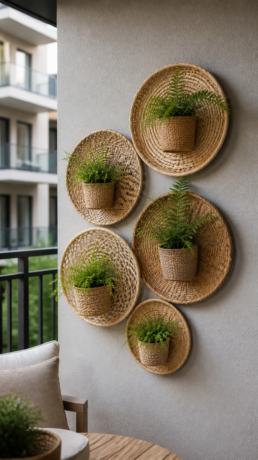 A professional photograph of flat woven wicker baskets hung in a staggered cluster on an outdoor apartment balcony wa...