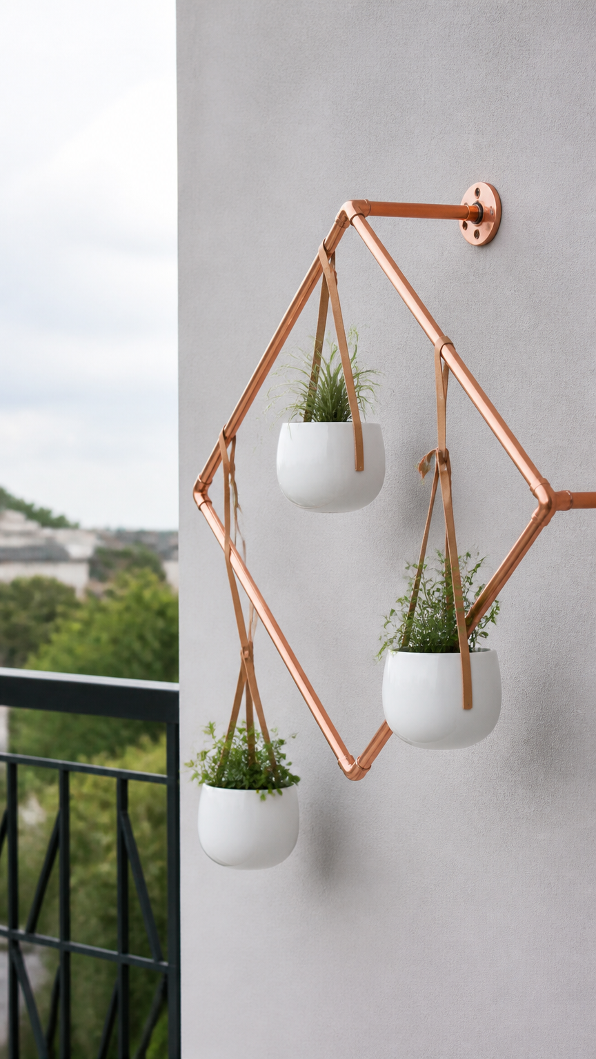 A high-end photograph of a geometric frame built from shiny copper pipes mounted on a balcony wall, suspending small...