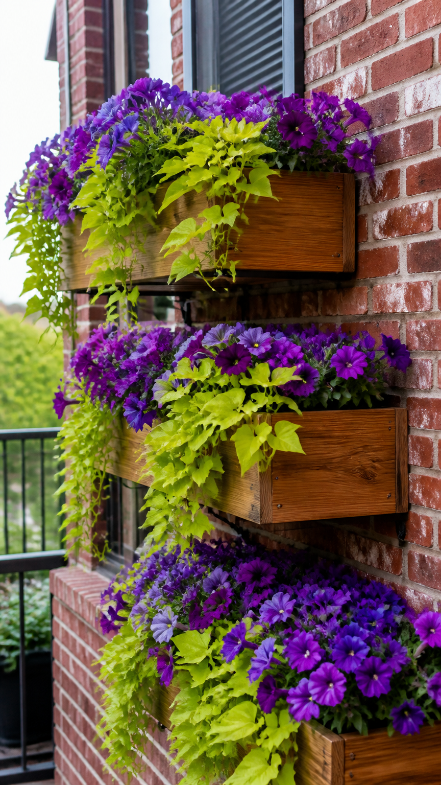 A sharp, clear photograph of wooden window boxes mounted sequentially in staggered tiers down a brick balcony wall, o...