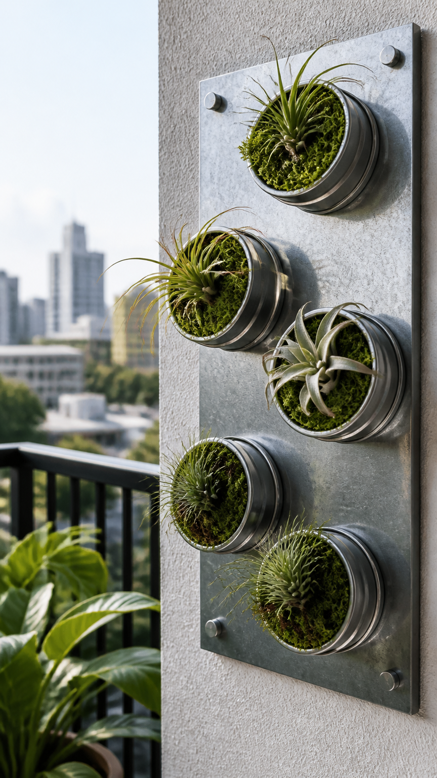 A high-end camera shot of galvanized steel magnetic spice tins attached to a metal magnetic sheet on an apartment bal...
