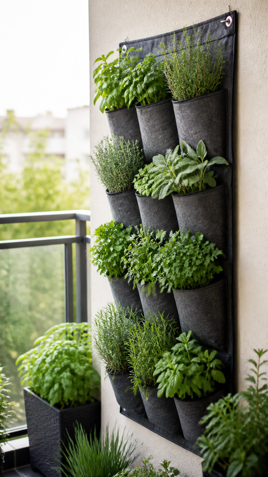 A professional photograph of a dark grey felt vertical shoe hanging organizer mounted on a balcony wall, with fresh c...