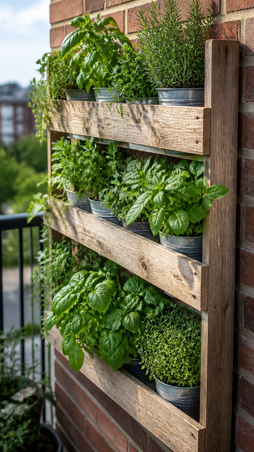 A close-up photograph taken with a professional camera of a mounted wooden shipping pallet on an apartment balcony br...